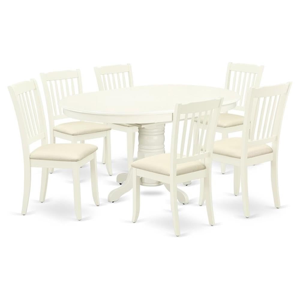 East West Furniture Avda7-Lwh-C 7 Piece Dining Room Table Set Consist Of An Oval Kitchen Table With Butterfly Leaf And 6 Linen Fabric Upholstered Dining Chairs, 42X60 Inch, Linen White